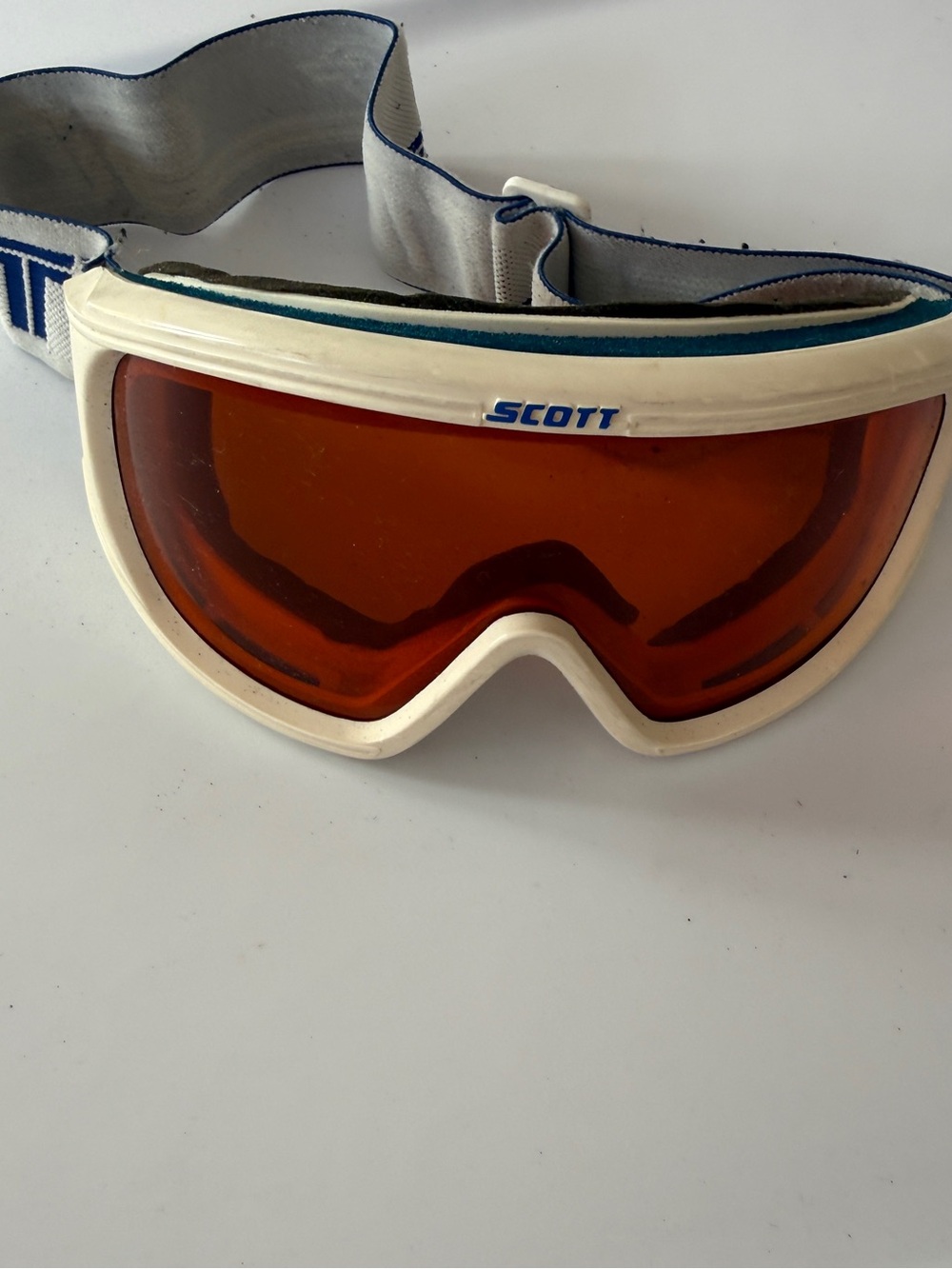Scott White Frame Ski Goggles with Orange Lens and Blue Trim Strap